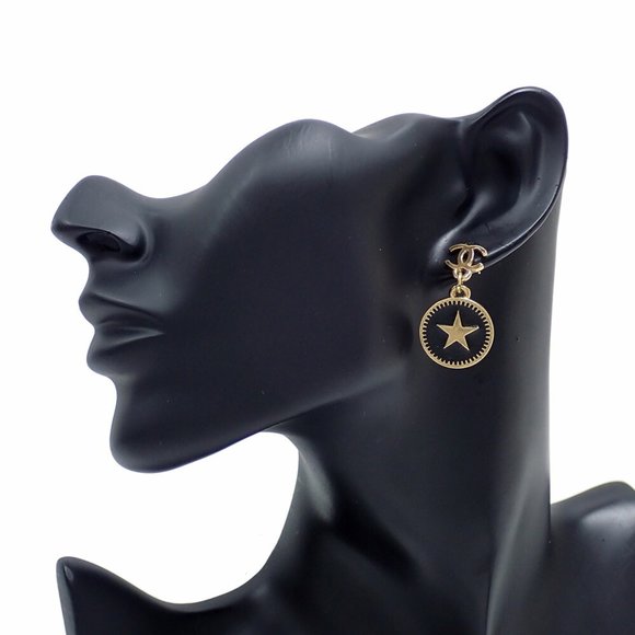 Chanel Star Swing Earrings for Women, Metal, Coco Mark, 01P, Gold Color, Black, - Picture 6 of 6
